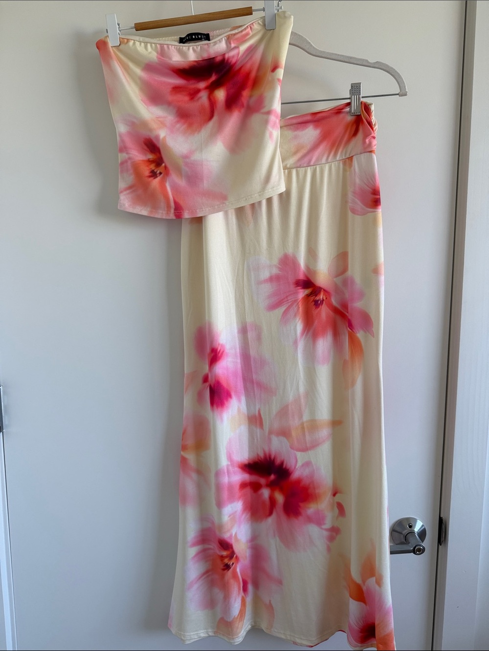 Blue Blush Floral Cream Two-Piece Skirt Set with Pink & Coral Blooms